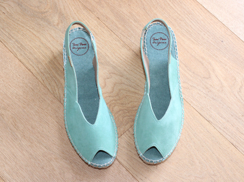 Espadrilles en cuir velours vert menthe Bernia