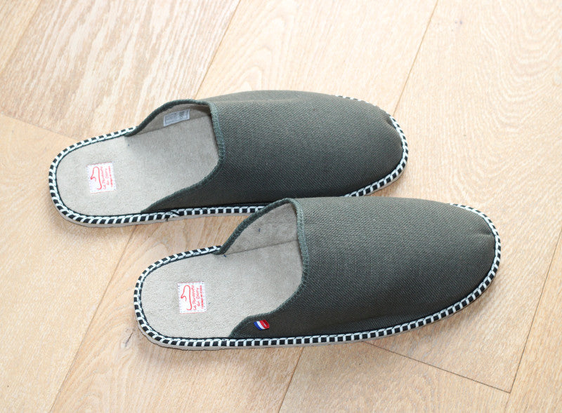 Chaussons mules en coton lin kaki