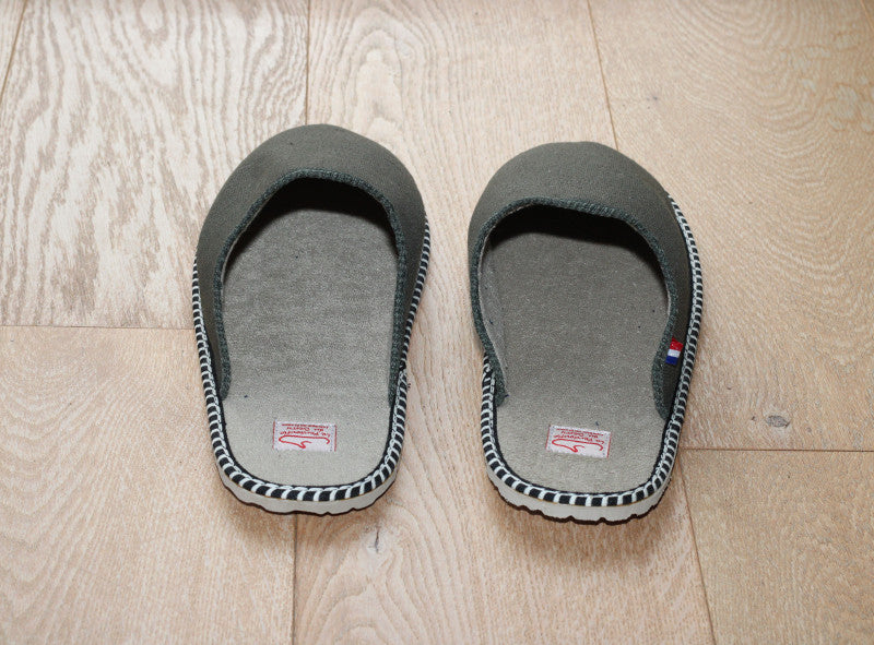 Chaussons mules en coton lin kaki