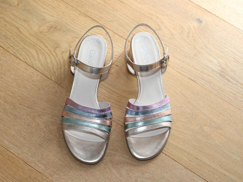 Sandales à talon Gabor en cuir doré et lanières multicolore