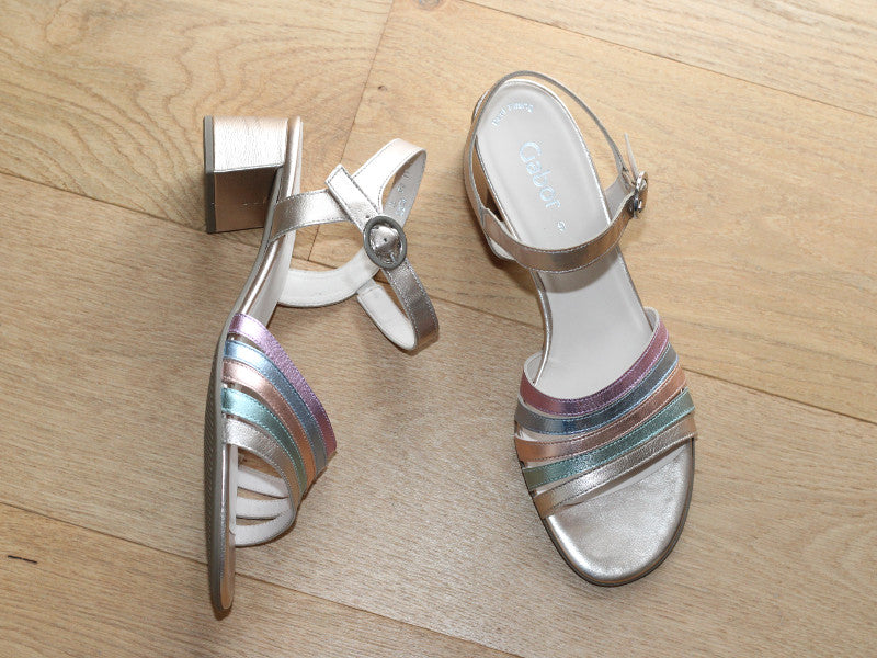 Sandales à talon Gabor en cuir doré et lanières multicolore