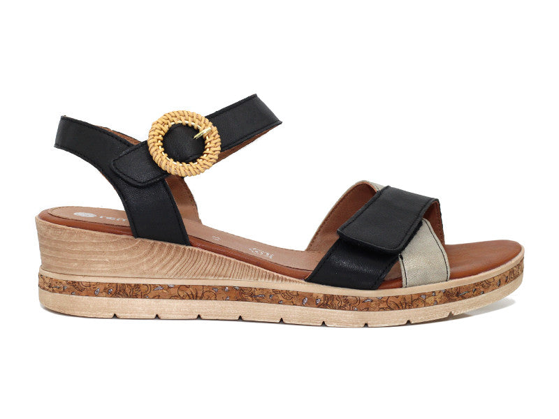 Sandales à talon compensé en cuir noir et gris argent