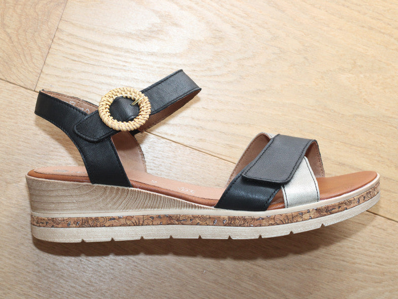 Sandales à talon compensé en cuir noir et gris argent