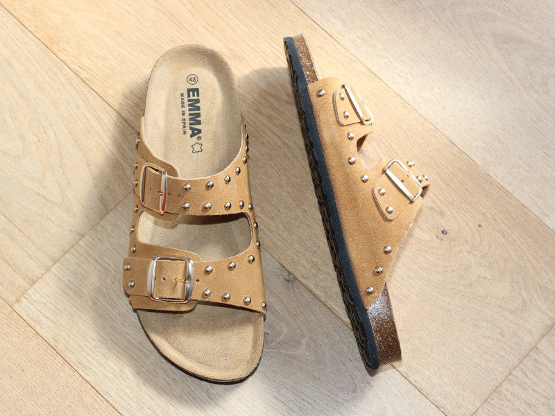 Sandales double brides en cuir velours cloutées