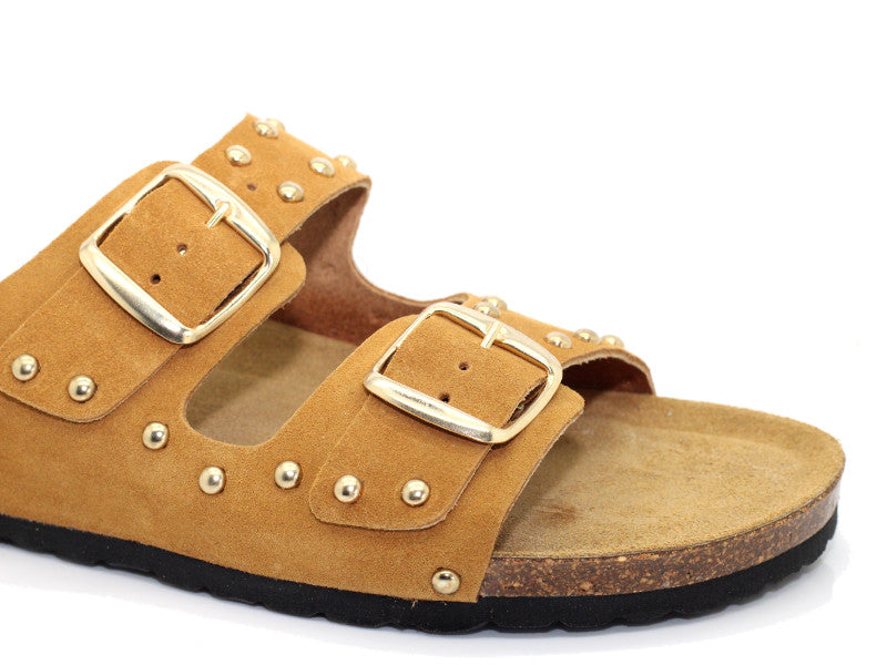 Sandales double brides en cuir velours cloutées