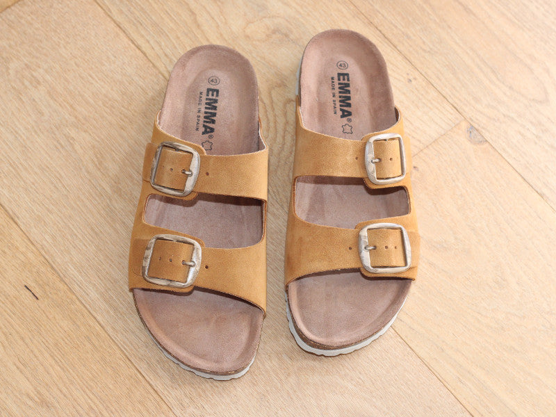 Sandales mule en cuir velours camel