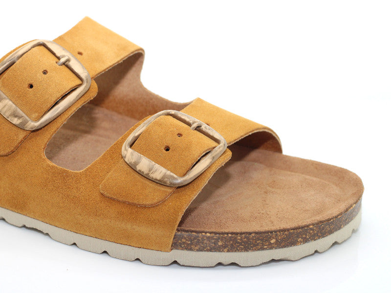 Sandales mule en cuir velours camel