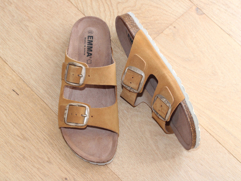 Sandales mule en cuir velours camel