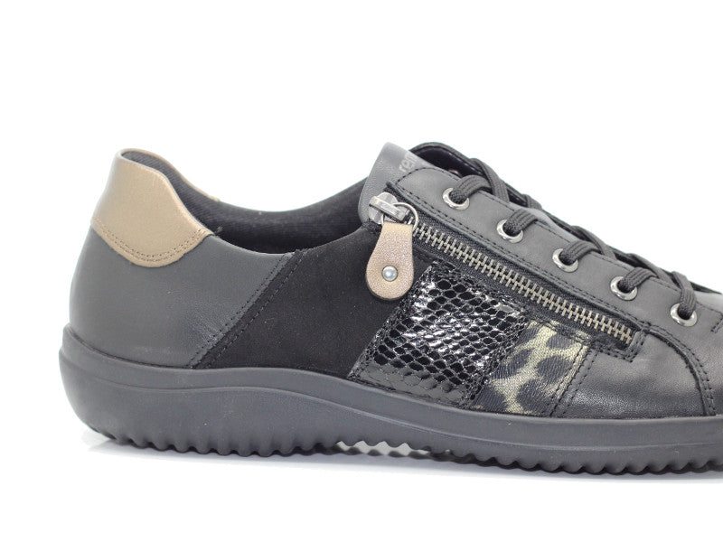 Sneakers Remonte en cuir noir et touche dorée