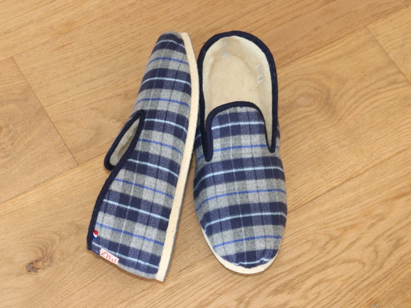 Charentaises traditionnelles en laine écossais bleu Silky