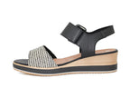Sandales à talon compensé en cuir noir et blanc Pierrot