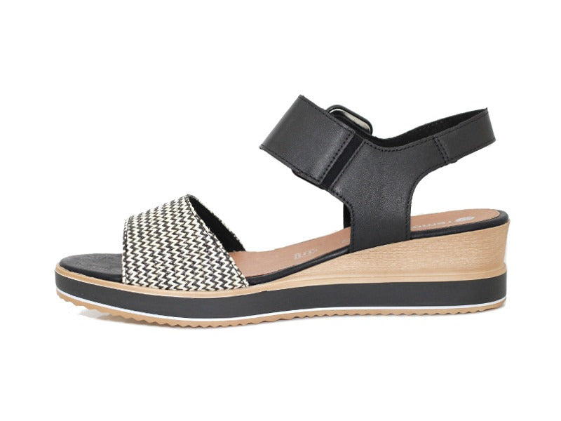 Sandales à talon compensé en cuir noir et blanc Pierrot