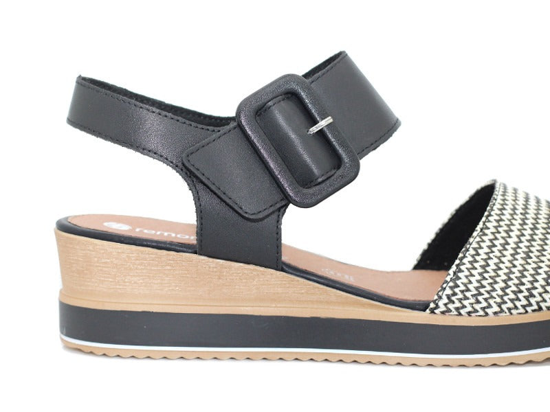 Sandales à talon compensé en cuir noir et blanc Pierrot