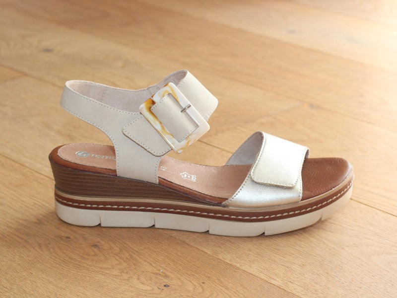 Sandales à talon compensé en cuir beige et doré Sun