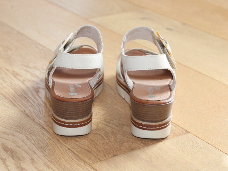 Sandales à talon compensé en cuir beige et doré Sun