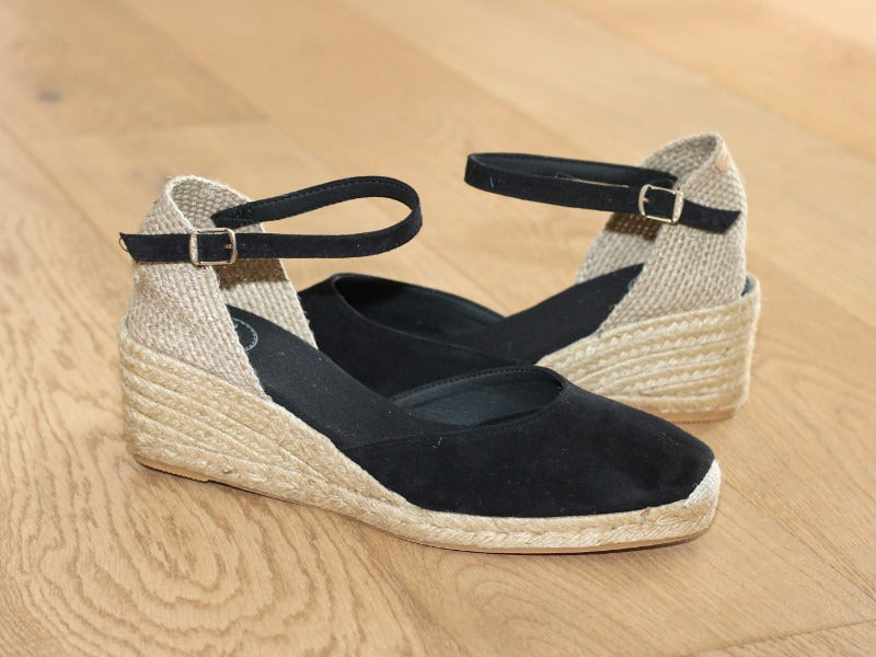 Espadrille bout fermé à talon compensé en cuir noir Lloret