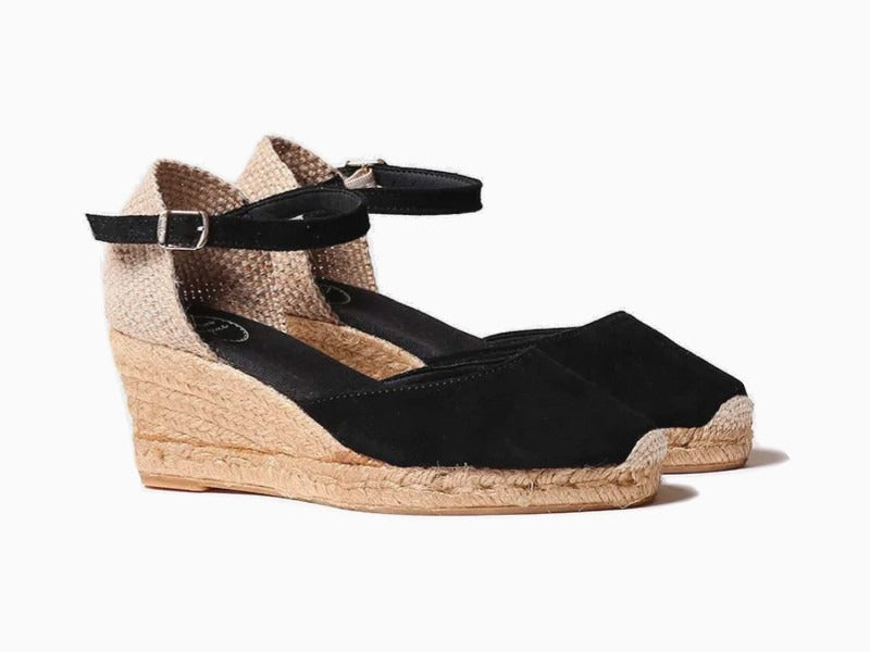 Espadrille bout fermé à talon compensé en cuir noir Lloret