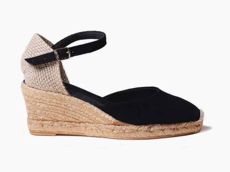 Espadrille bout fermé à talon compensé en cuir noir Lloret