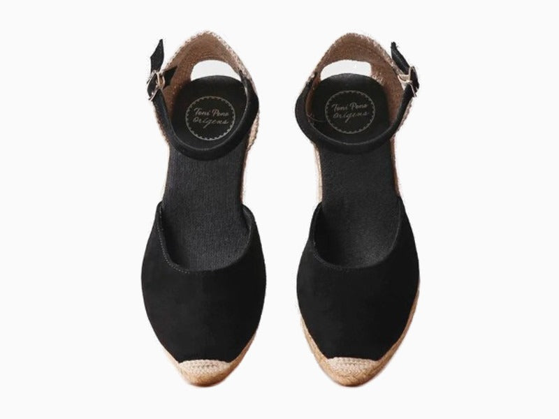 Espadrille bout fermé à talon compensé en cuir noir Lloret