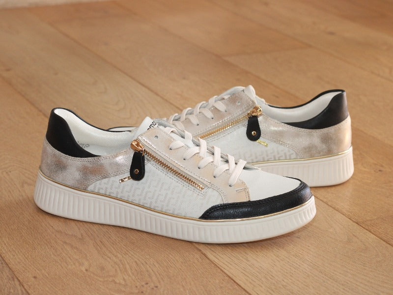 Tennis en cuir beige, noir et doré Rock