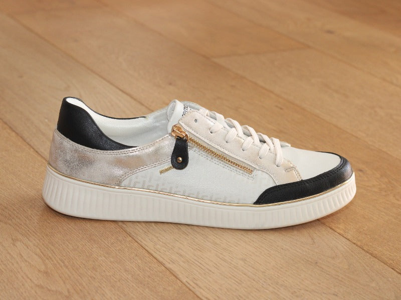 Tennis en cuir beige, noir et doré Rock