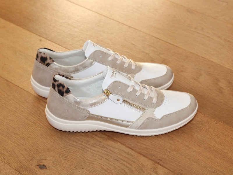 Sneakers en cuir blanc, beige et doré Ginger