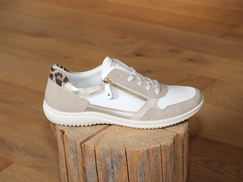 Sneakers en cuir blanc, beige et doré Ginger