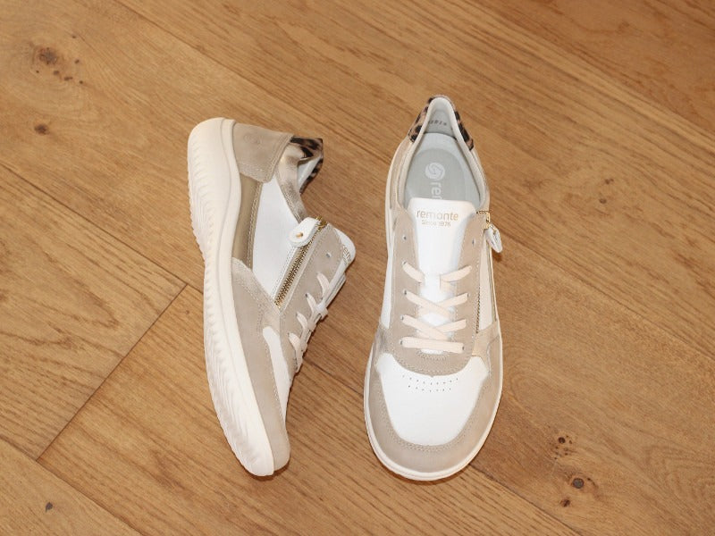 Sneakers en cuir blanc, beige et doré Ginger