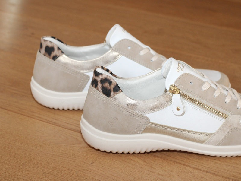 Sneakers en cuir blanc, beige et doré Ginger