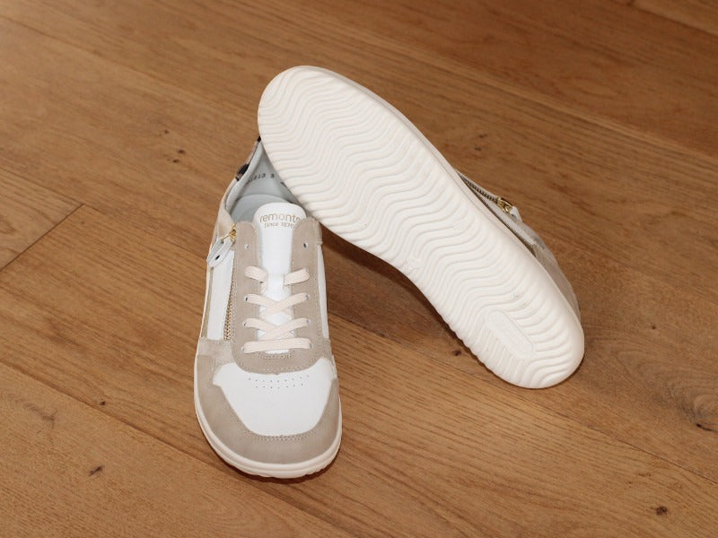 Sneakers en cuir blanc, beige et doré Ginger