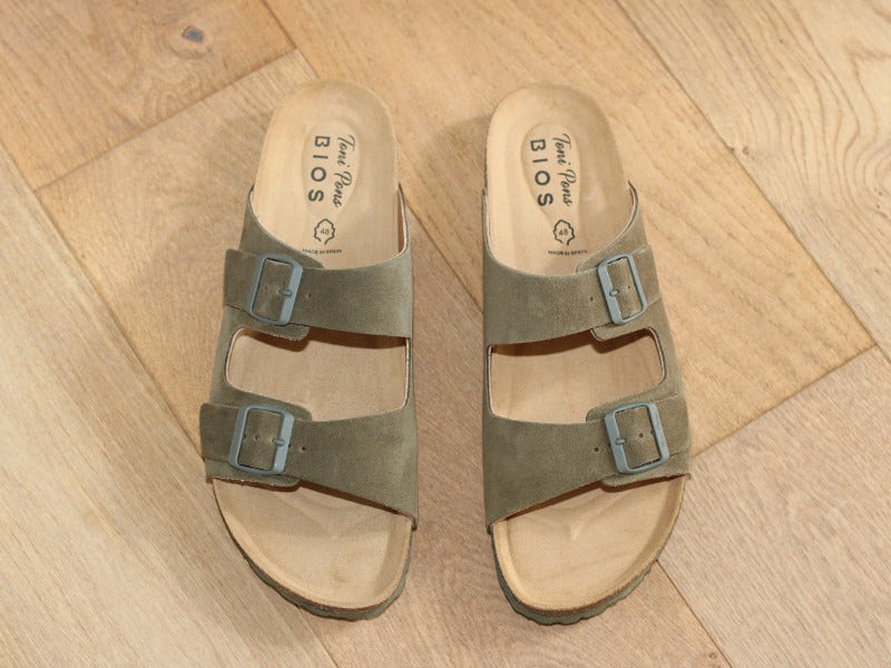 Sandales avec 2 brides réglables en cuir kaki