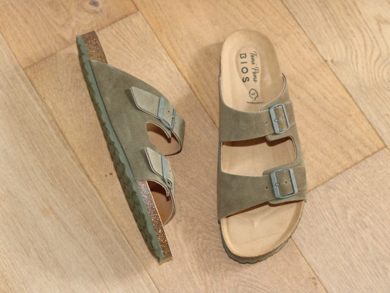 Sandales avec 2 brides réglables en cuir kaki