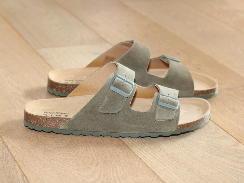 Sandales avec 2 brides réglables en cuir kaki