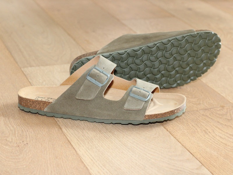 Sandales avec 2 brides réglables en cuir kaki