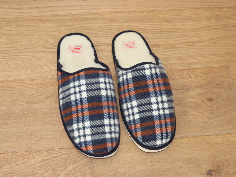 Mules en laine écossais bleu marine