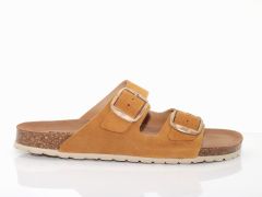 Sandales mule en cuir velours camel